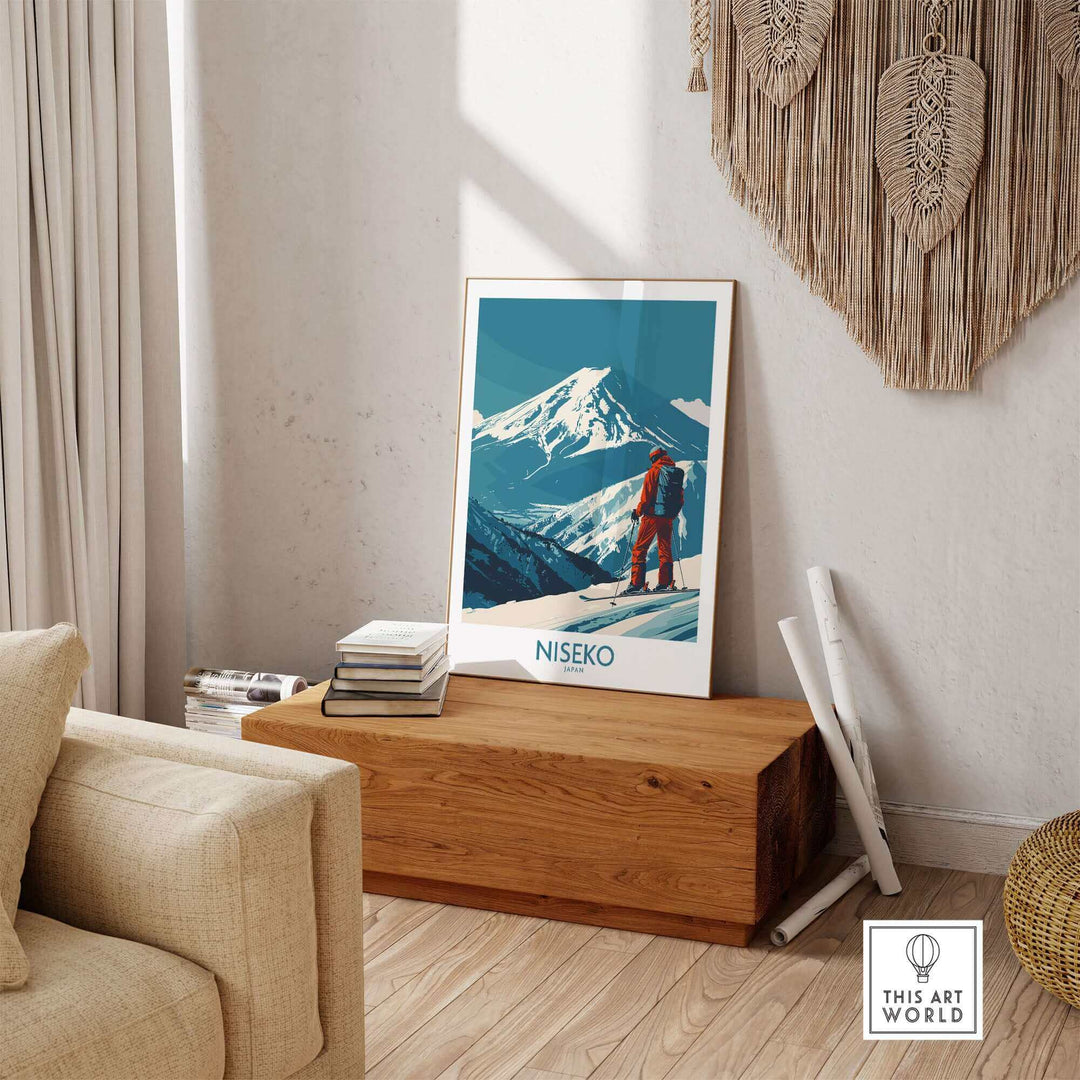 Niseko ski art print in a cozy room setting, showcasing a skier on a snowy mountain, perfect for Japan travel and ski enthusiasts.