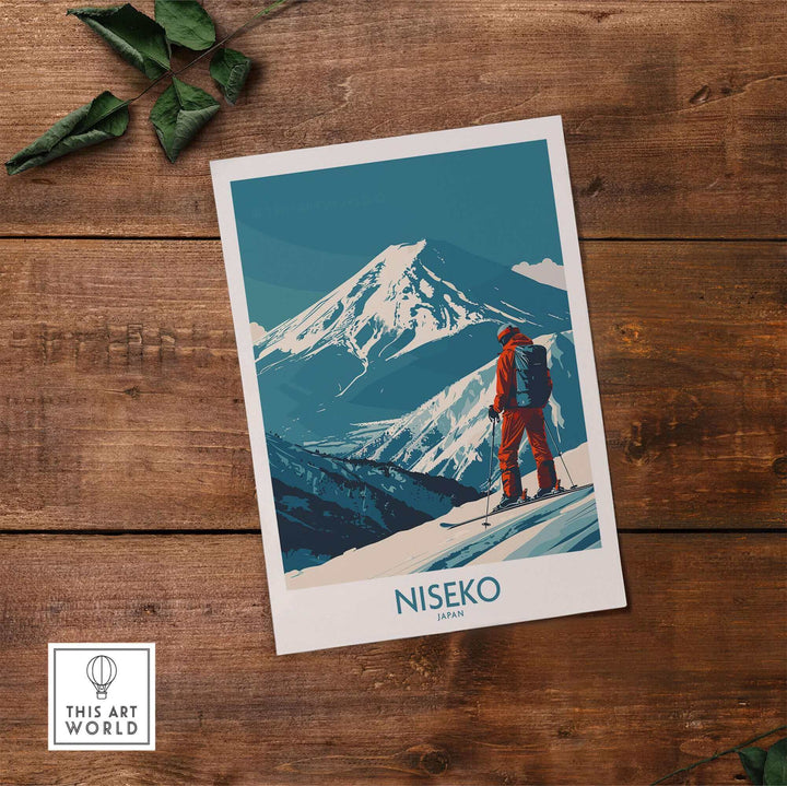 Niseko Art Print featuring a skier in red, showcasing Japan's snowy mountains, ideal ski poster for winter sports enthusiasts.