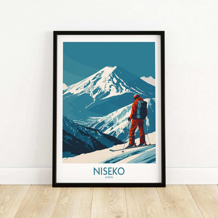 Niseko art print featuring a skier on a snowy mountain in Japan, with a vibrant ski poster style.