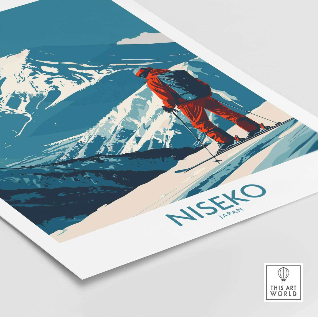 Niseko Art Print featuring skier in red enjoying snowy mountains, Japan-themed ski poster.