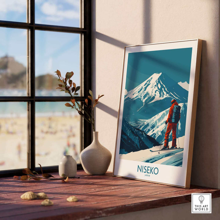 Stylish Niseko art print in frame featuring ski scene with mountains, perfect for Japan-themed decor.