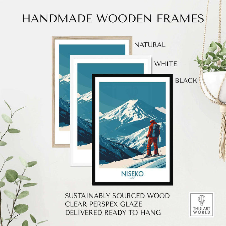 Niseko Art Print in handmade wooden frames, available in natural, white, and black. Ski Poster Japan, sustainably sourced wood.