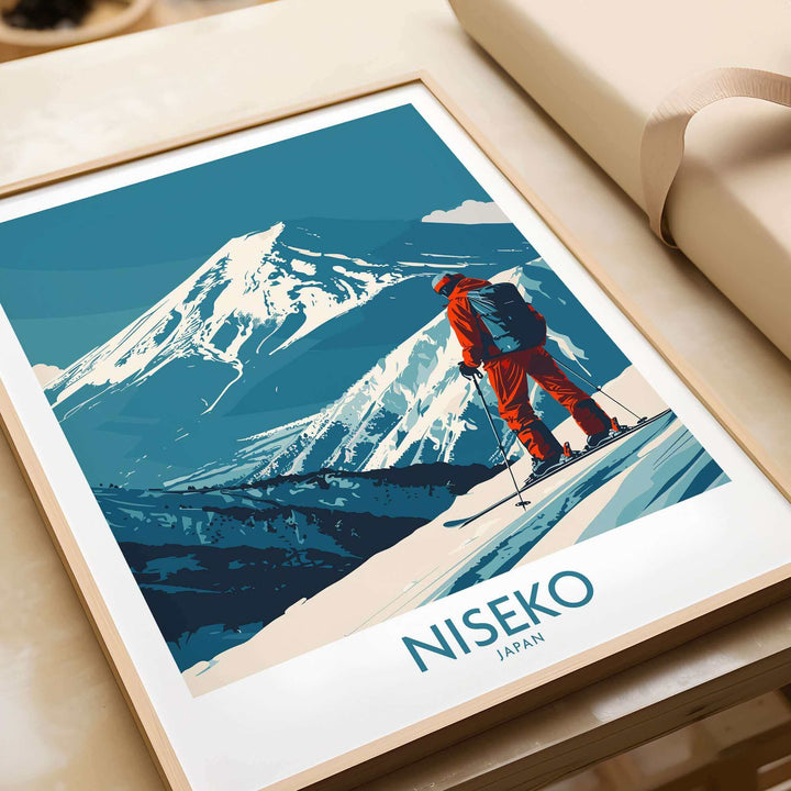 Niseko Art Print featuring a skier on a snowy mountain slope in Japan, vibrant ski poster ideal for home decor enthusiasts.