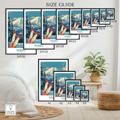 Niseko Poster Japan size guide with various print dimensions displayed, featuring mountain and ski design in room setting.