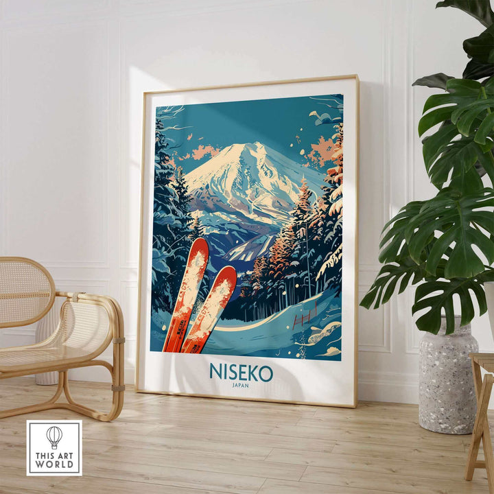 Scenic Niseko poster in a modern room, showcasing Japan's snowy mountains and vibrant trees, with skis in the foreground.