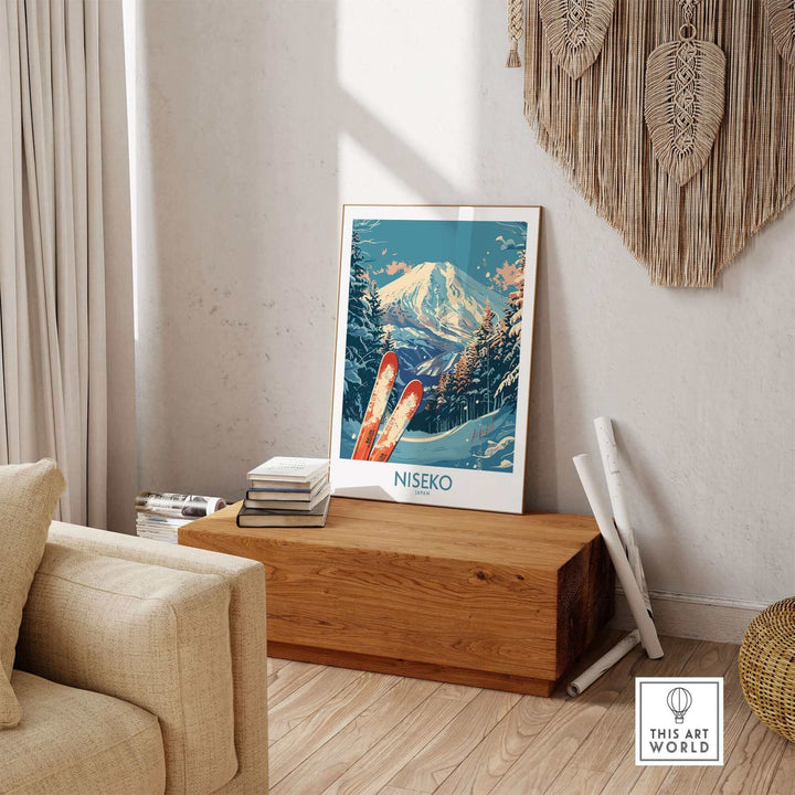 Niseko Poster Japan featuring snowy mountain scene with skis, displayed in modern room setting. Perfect decor for travel enthusiasts.