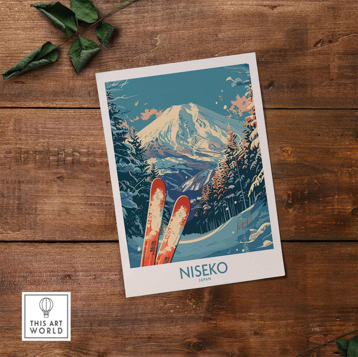 Niseko Japan poster with snowy mountain and skis, showcasing scenic winter landscape, displayed on rustic wooden table.