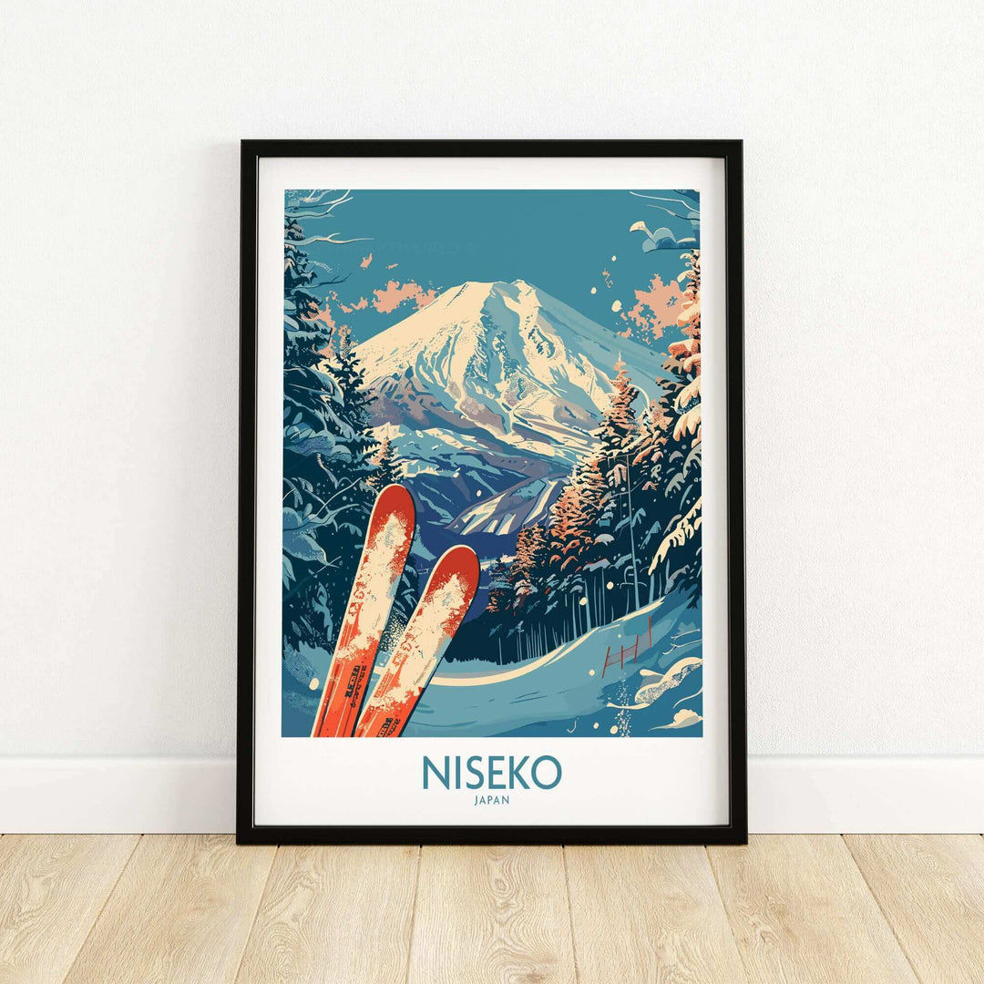 Vintage Niseko Japan poster featuring snow-capped mountains and skis in a stylish frame, perfect for travel enthusiasts and decor.