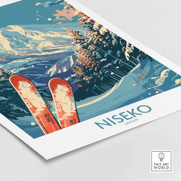 Scenic Niseko Japan poster featuring snowy mountains and skis, perfect for travel and adventure enthusiasts.