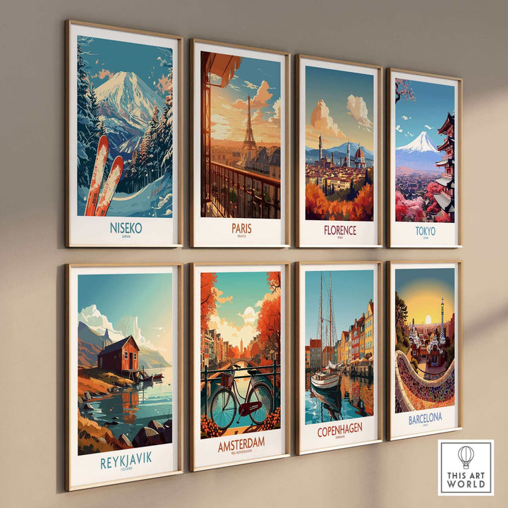 Collection of travel posters featuring Niseko Japan, Paris, Florence, Tokyo, Reykjavik, Amsterdam, Copenhagen, and Barcelona.