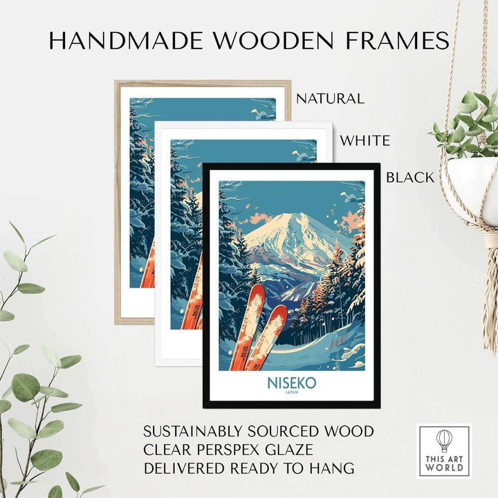 Niseko Japan poster in handmade wooden frames, available in natural, white, and black. Eco-friendly and ready to hang.