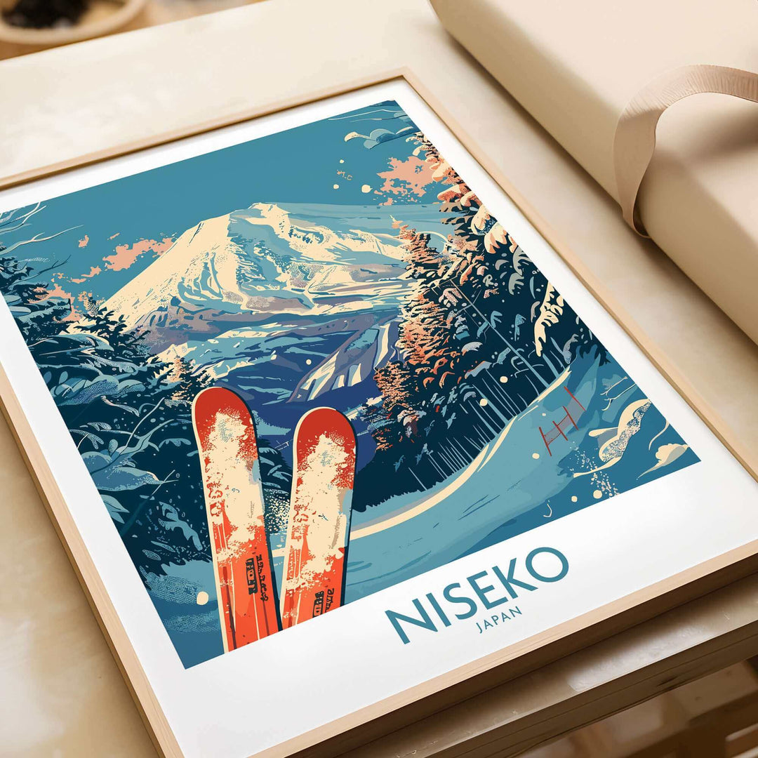 Niseko Japan poster featuring skis and a snowy mountain landscape, perfect wall art for ski enthusiasts and Japan lovers.