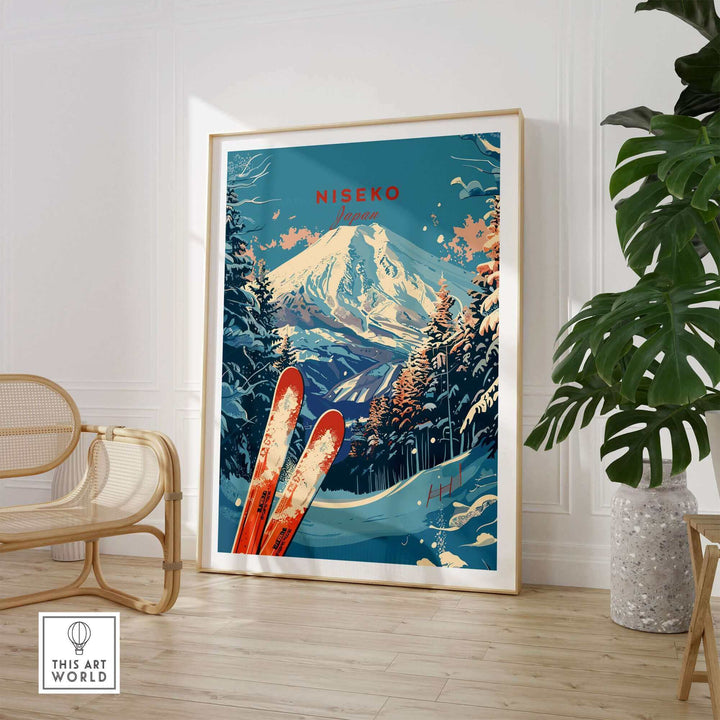 Niseko Japan print featuring snowy mountains and ski scene in modern interior