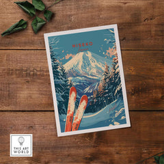 Vintage-style Niseko Print featuring Japanese landscape and skis on wooden background.