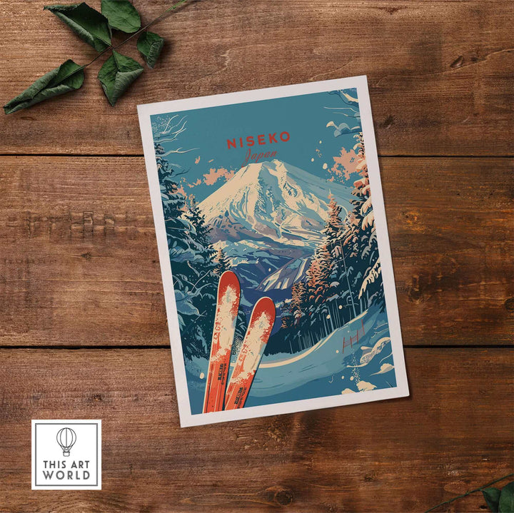 Vintage-style Niseko Print featuring Japanese landscape and skis on wooden background.