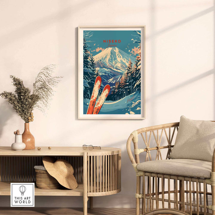 Cozy living room with Niseko Print Japan artwork, highlighting snowy mountains and skis, framed on the wall above natural wood furniture.