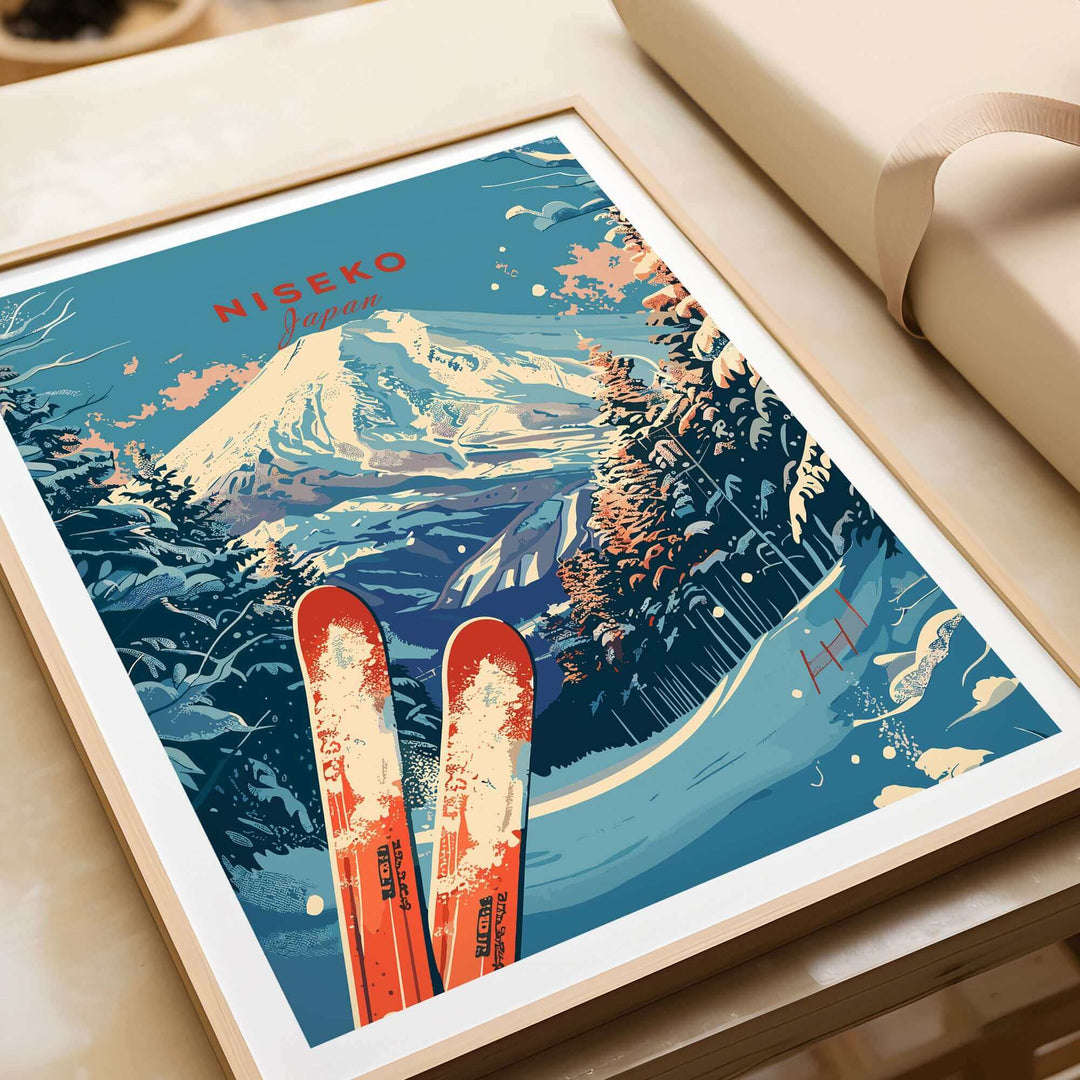 Niseko Print Japan in Frame with Ski Scene and Snowy Mountain Landscape