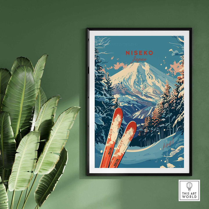 Framed Niseko Japan ski print with snowy mountain and skis, wall art in green room setting