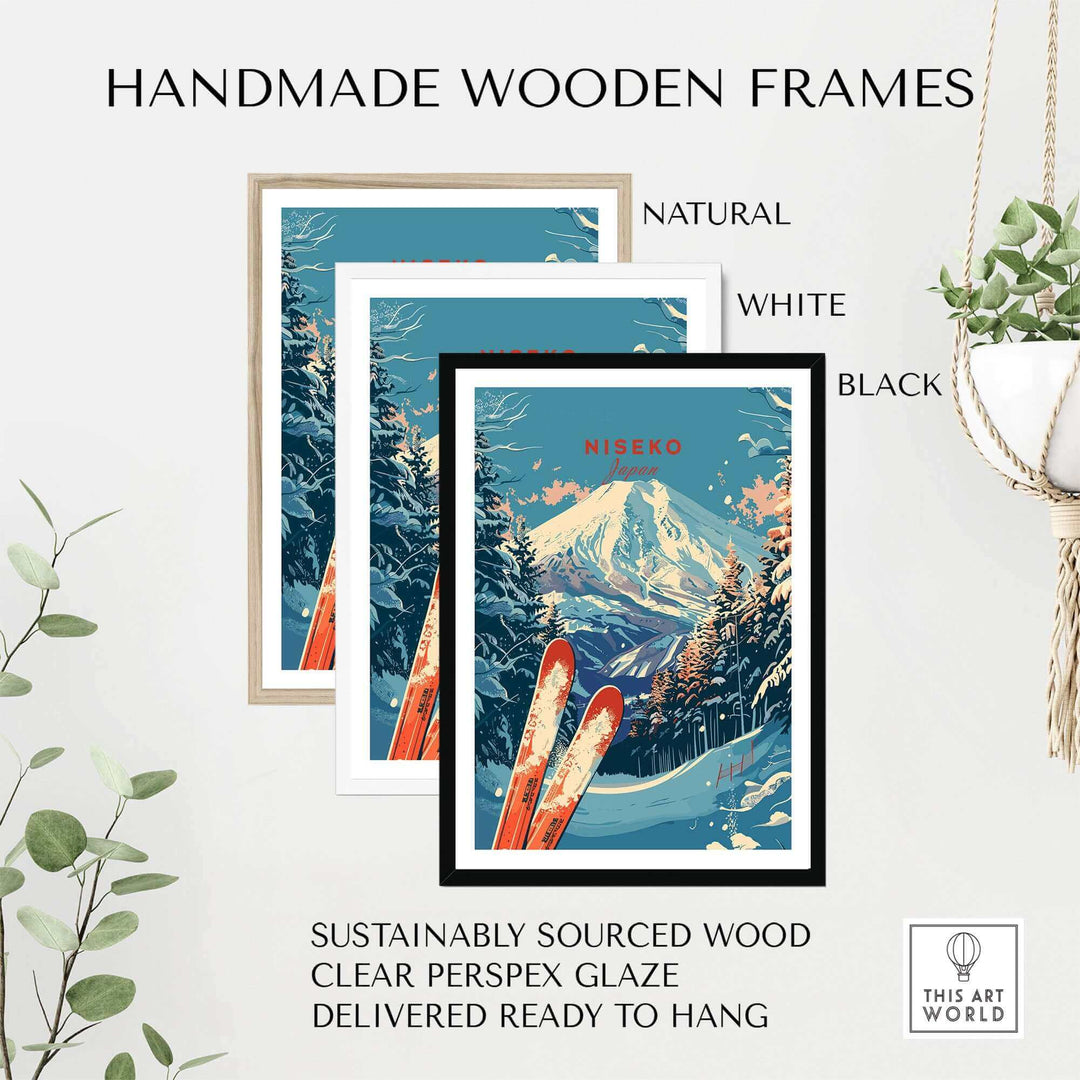 Handmade wooden frames with Niseko Print Japan, in natural, white, and black. Features sustainably sourced wood and perspex glaze.