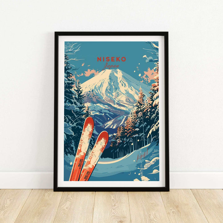 Vintage Niseko Japan ski poster with snowy mountain and forest scene in a framed print.