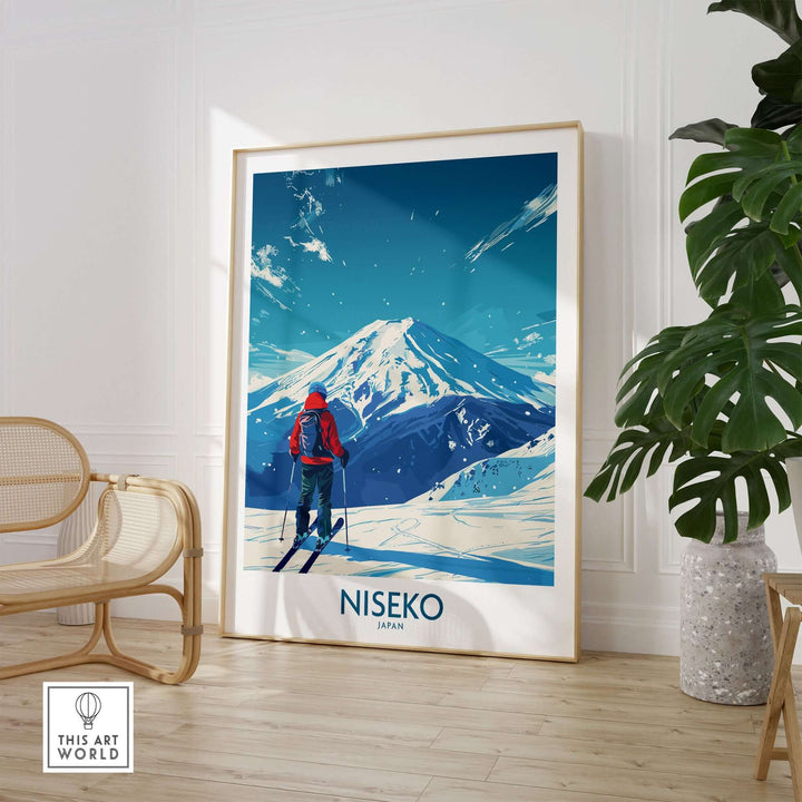 Stylish Niseko ski poster featuring a snowy mountain scene in Japan, displayed in a modern living room setting.