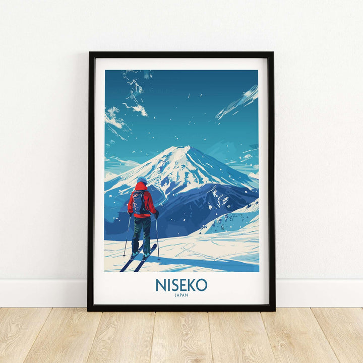 Niseko Ski Poster featuring a scenic view of a skier on snow-covered mountains in Japan.