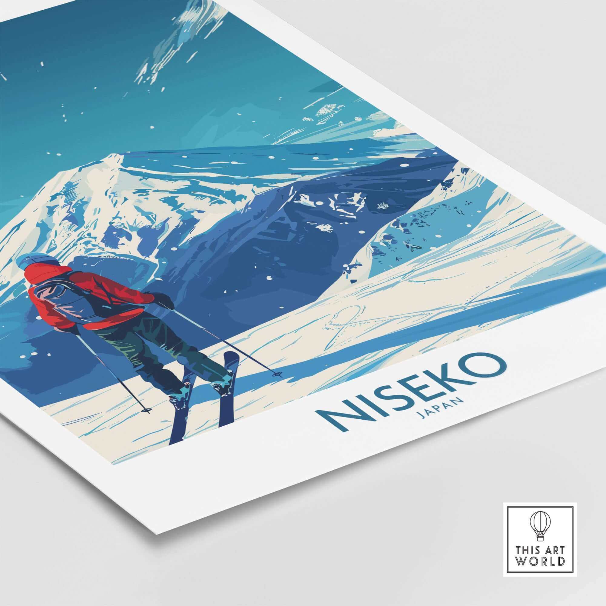 Ski poster featuring stunning winter scenery in Niseko, Japan, with a skier in the foreground and majestic mountains in the background.