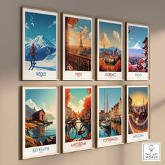 Gallery wall with Niseko, Paris, Florence, Tokyo, Reykjavik, Amsterdam, Copenhagen, and Barcelona travel posters.