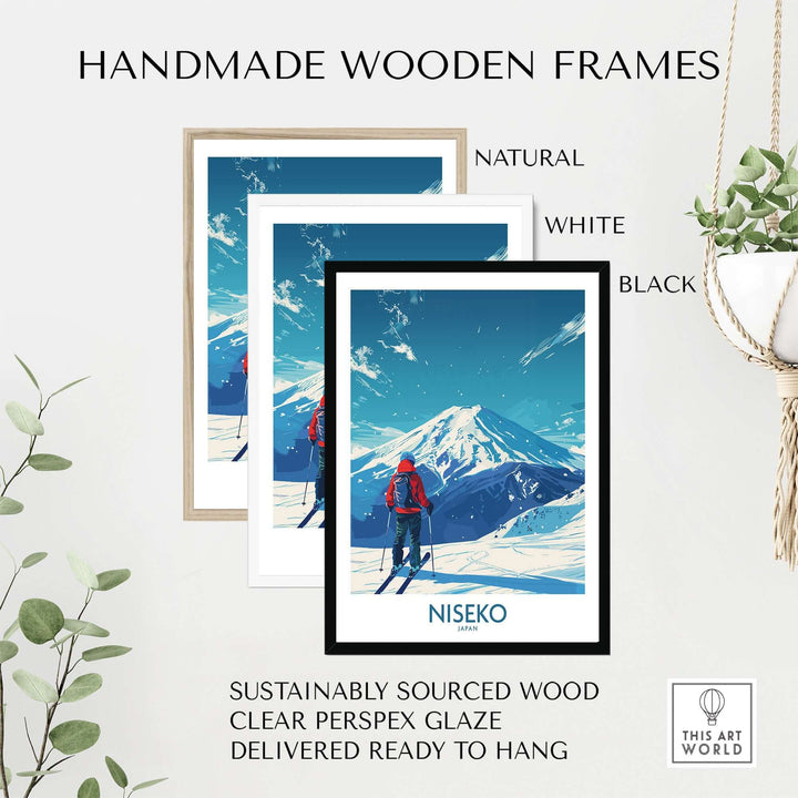 Niseko Ski Poster - Japan in handmade wooden frames with sustainably sourced wood and clear perspex glaze, ready to hang.