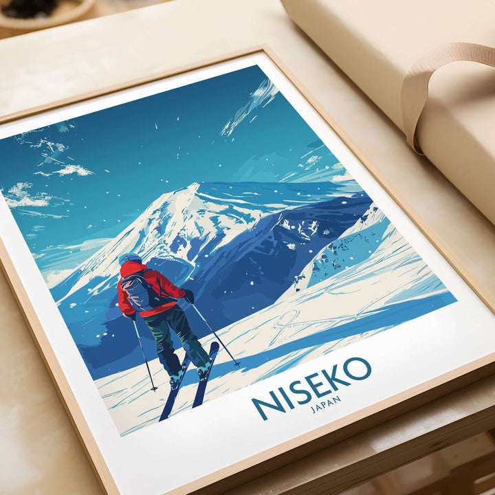 Ski poster featuring skier and Mount Niseko, Japan in vibrant colors, perfect for travel enthusiasts and winter sports lovers.