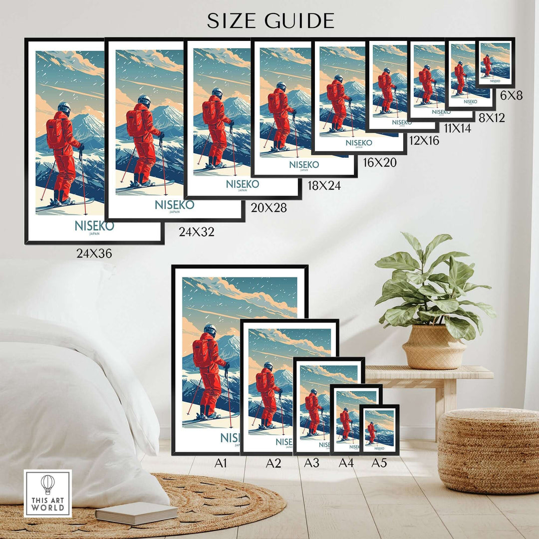 Niseko Ski Print size guide showcasing various frame sizes in a stylish interior setting. Perfect for ski enthusiasts.