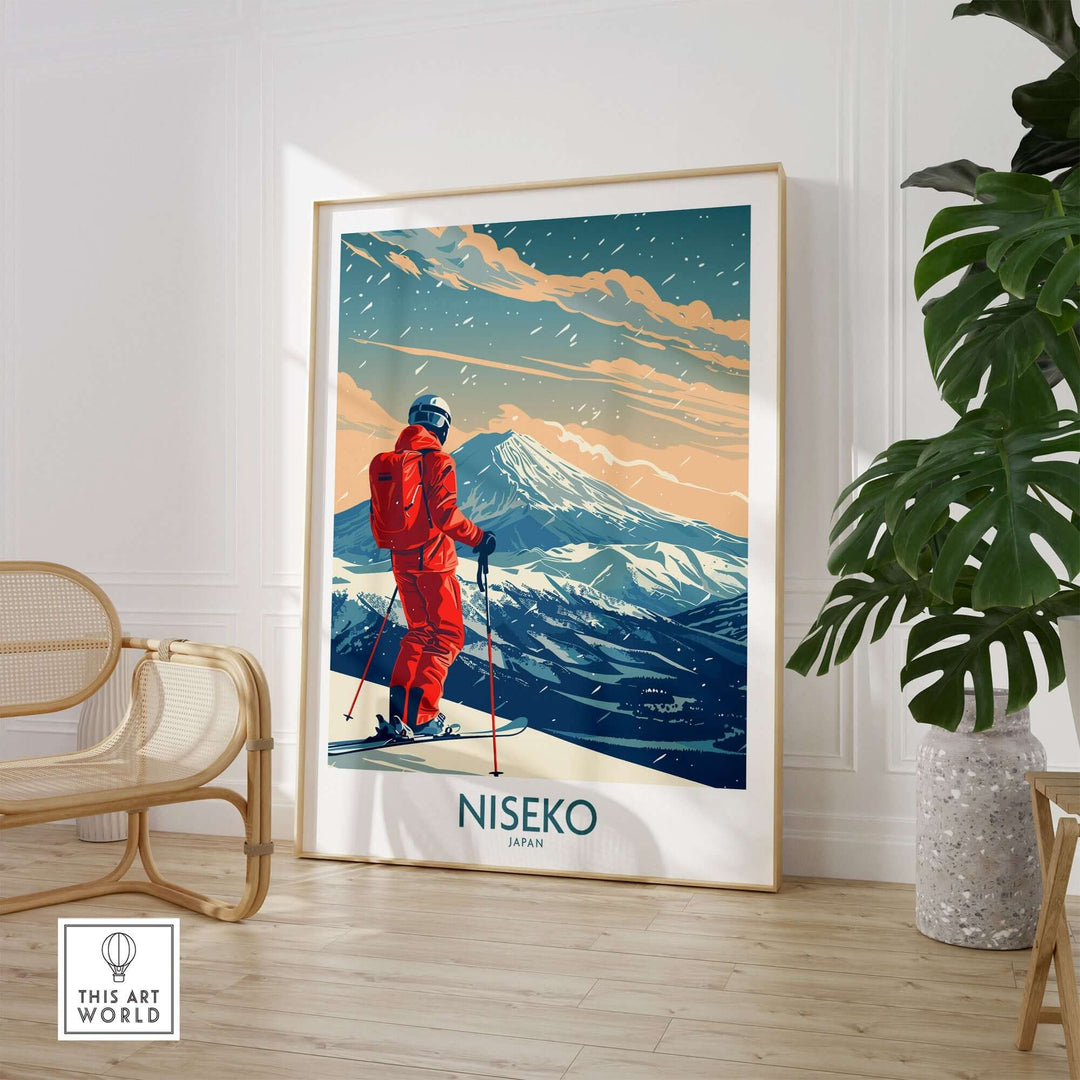 Niseko Ski Print depicting a skier in Japan against a snowy mountain backdrop, perfect for ski enthusiasts and wall art decor.