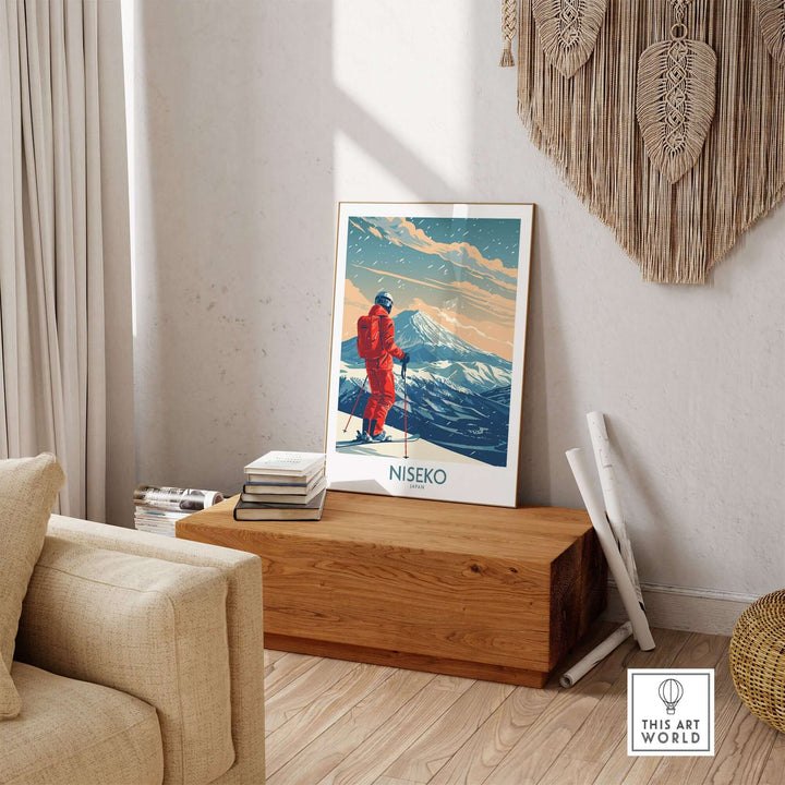 Niseko ski print in a cozy living room setting, showcasing the stunning landscape of Japan's Niseko ski resort.