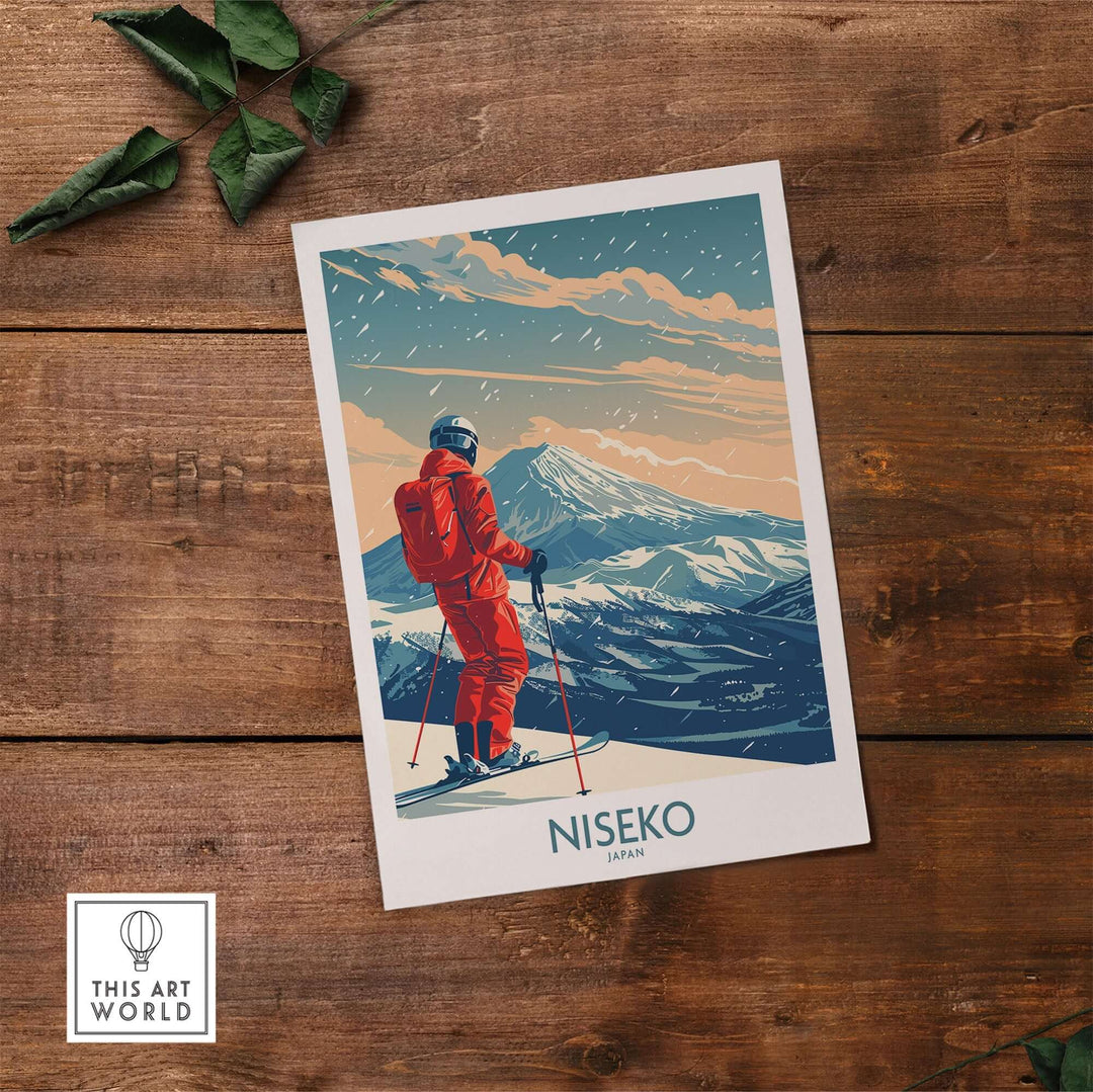 Colorful Niseko ski print featuring a skier with Mount Fuji in the background, perfect for ski enthusiasts and wall art decor.