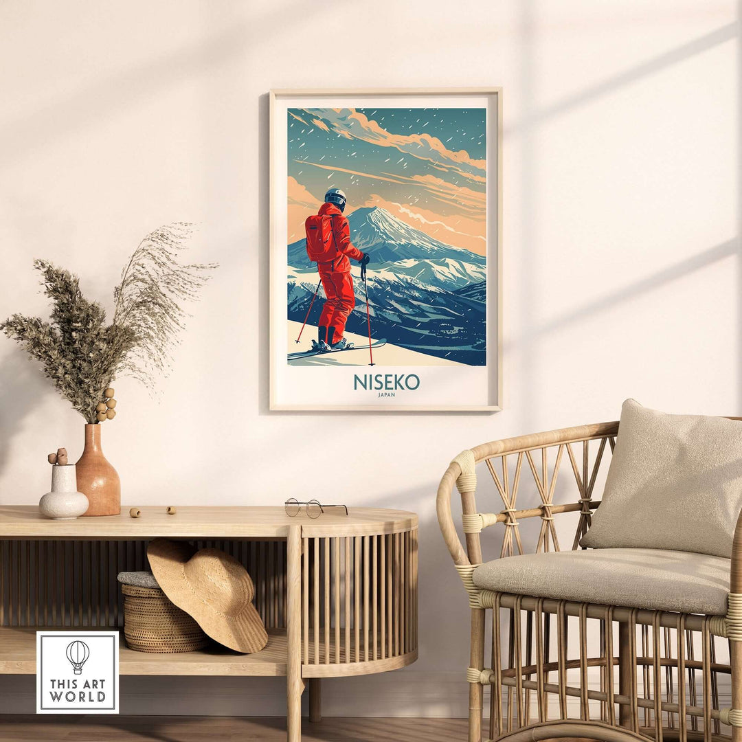 Niseko ski print in a framed display, featuring a skier on a snowy mountain backdrop, ideal for ski enthusiasts' decor.