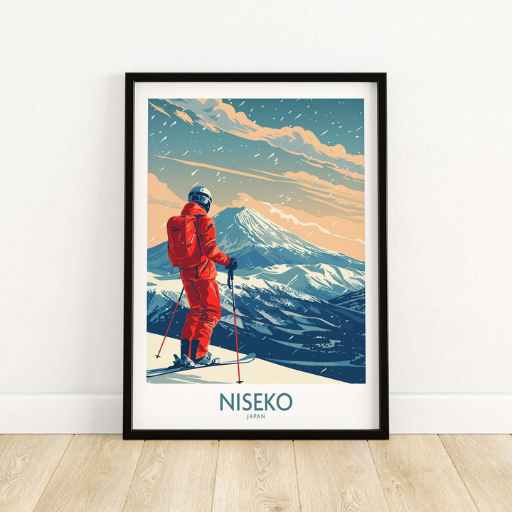 Ski print of Niseko, Japan featuring a skier in red gear against a scenic mountain backdrop, perfect for ski enthusiasts.