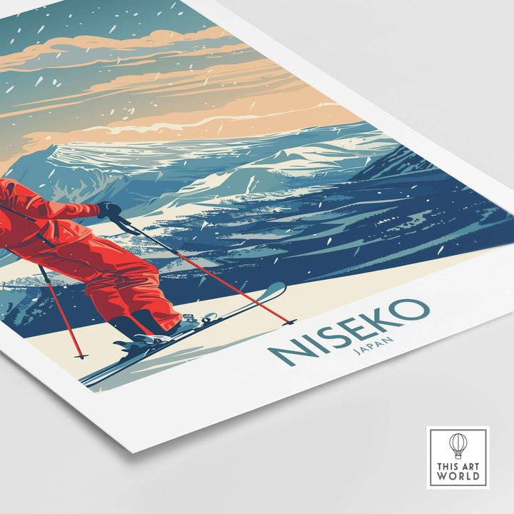 Niseko Ski Print featuring a skier in Japan, capturing the scenic beauty of Niseko's snowy mountains and slopes.