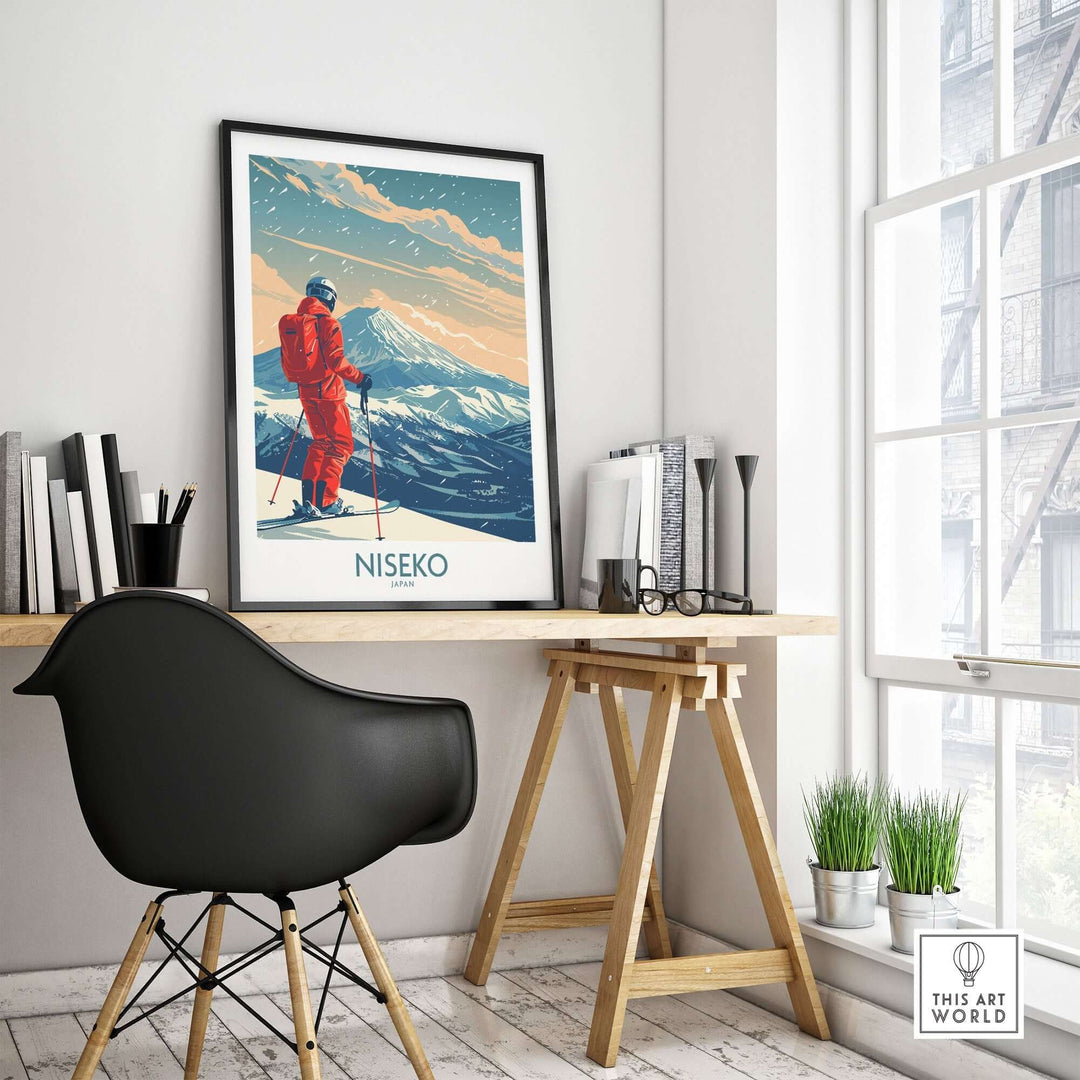 Niseko ski print showcased in a stylish office setting, perfect for ski enthusiasts and wall art lovers.