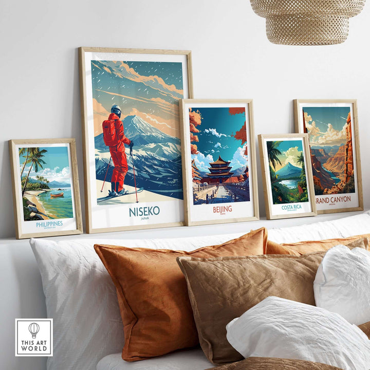 Niseko ski print among travel-themed wall art in a stylish home setting, showcasing stunning landscapes and adventure.