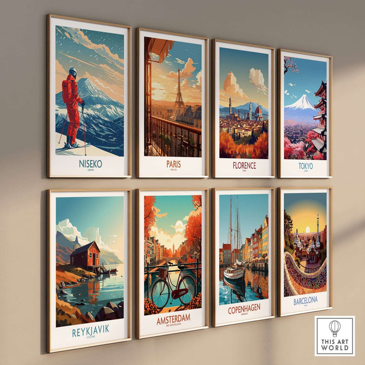 Collection of scenic travel prints featuring Niseko, Paris, Florence, Tokyo, Reykjavik, Amsterdam, Copenhagen, and Barcelona.