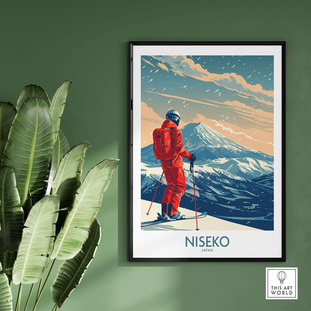 Niseko ski print featuring a skier in red gear against a mountain backdrop, perfect for ski enthusiasts and wall art lovers.