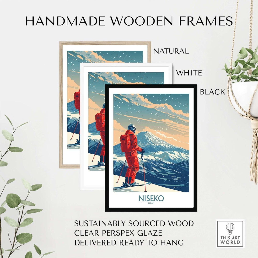 Niseko ski print in handmade wooden frames; natural, white, and black options displayed with plants. Sustainable and ready to hang.