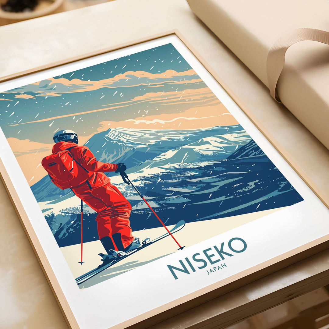 Niseko Ski Print featuring a skier in red gear overlooking Japanese mountains, perfect for ski enthusiasts and home decor.