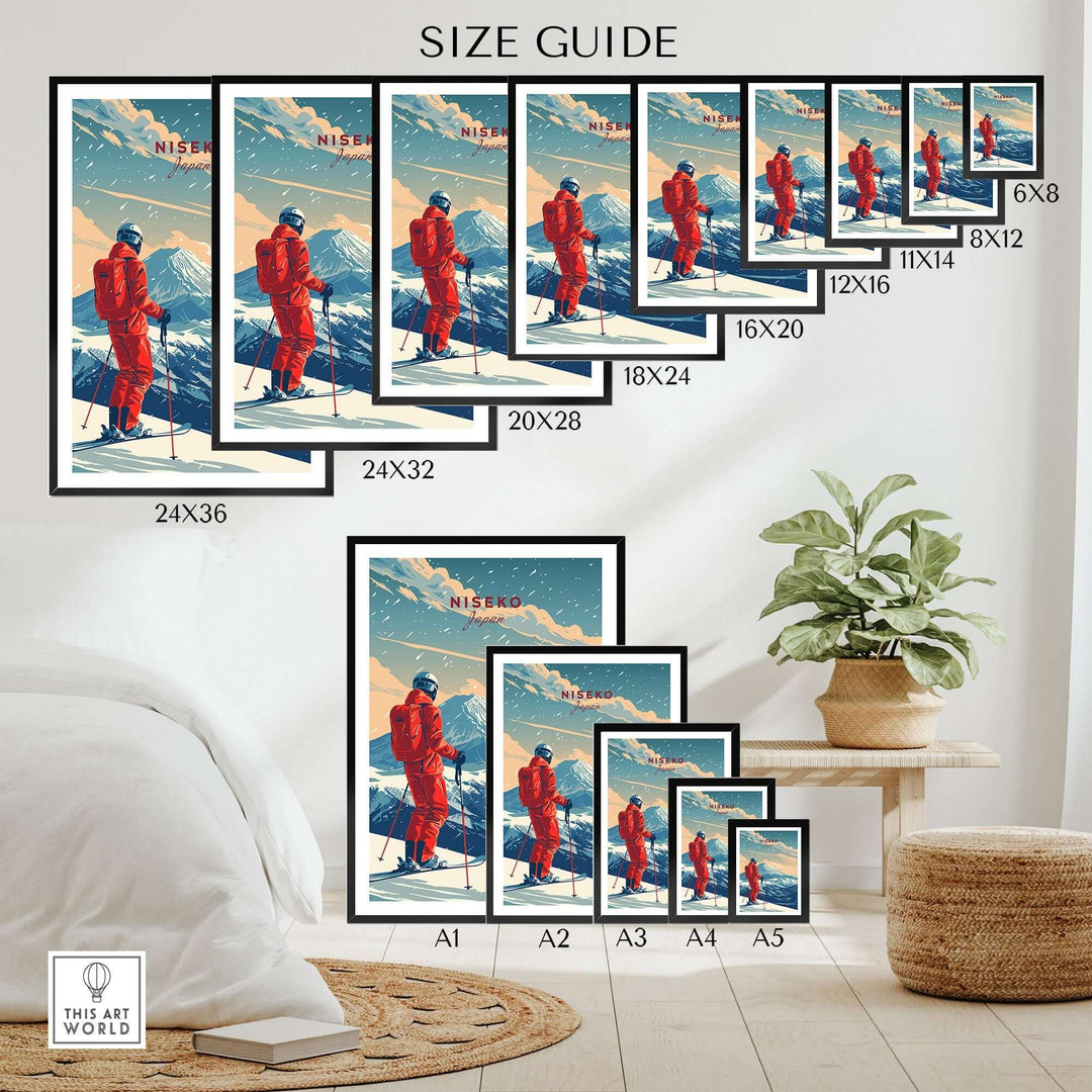 Size guide for Niseko travel poster, showcasing various frame sizes and ski print design in a stylish living room setting.