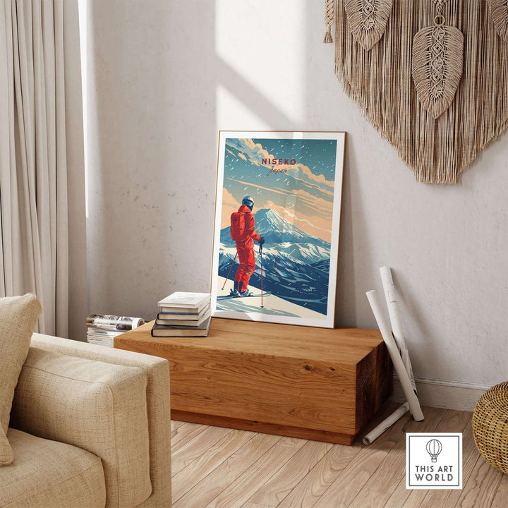 Niseko travel poster showcasing skier against snowy mountains in a stylish living room setting.