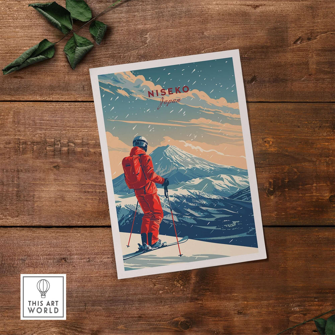 Niseko travel poster showcasing a skier in red outfit against a scenic mountain backdrop, capturing Japan's winter beauty.