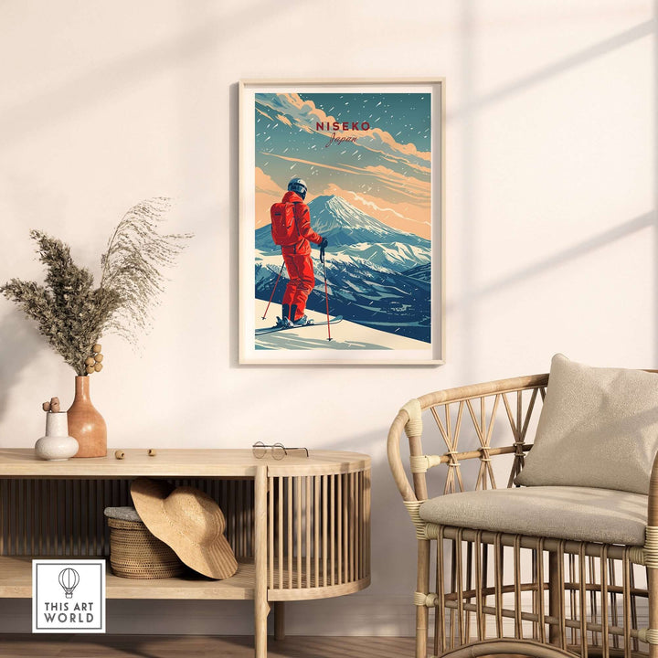 Niseko travel poster showcasing a skier against a mountain backdrop, perfect for adding elegance to any space.