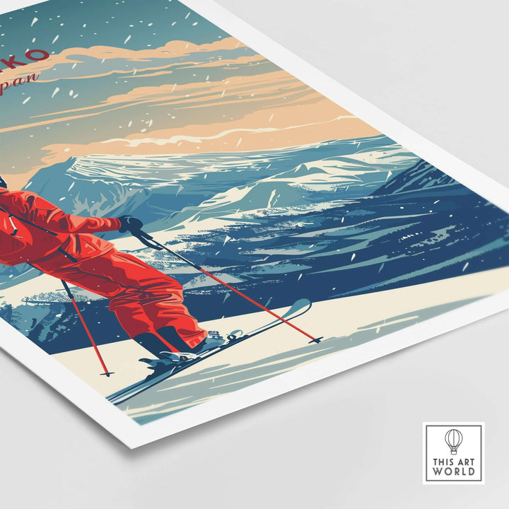 Niseko travel poster featuring a skier on snow-covered slopes with mountains in the background, perfect for adventurers.