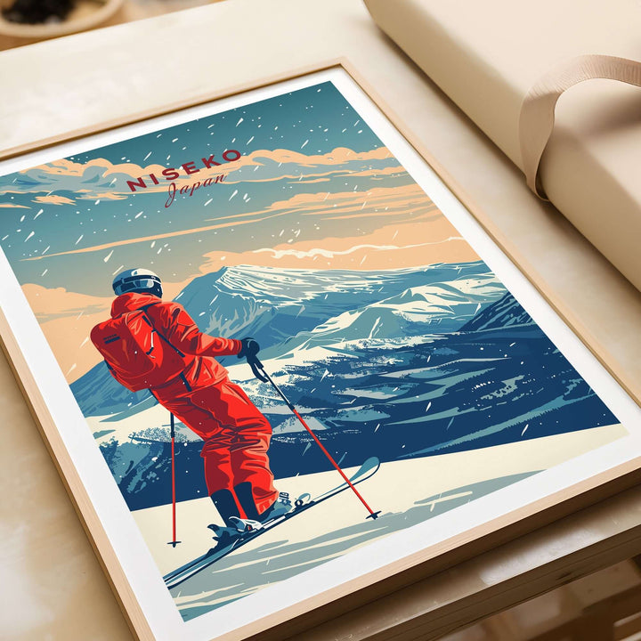 Niseko travel poster featuring a skier in red gear against a stunning mountain backdrop in Japan. Perfect for adventure lovers.