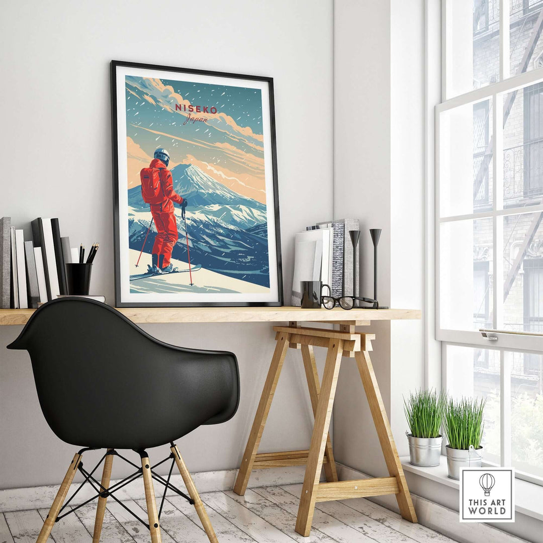 Niseko travel poster featuring a skier and snow-covered mountains in a stylish interior setting.